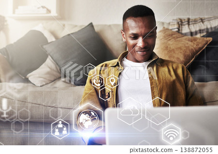 Digital app overlay. computer infographics and black man working in a living room. Online software hologram, cloud computing and information technology of a remote worker doing web research at home Digital app overlay. computer infographics and black man working in a living room. Online software hologram, cloud computing and information technology of a remote worker doing web research at home 138872055