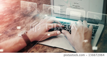 Man, hands or laptop hologram abstract in networking cybersecurity, futuristic research or programming. Zoom, developer or 3d it technology of dashboard software, digital transformation or learning Man, hands or laptop hologram abstract in networking cybersecurity, futuristic research or programming. Zoom, developer or 3d it technology of dashboard software, digital transformation or learning 138872064