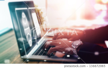Computer overlay business man and hands typing with digital software graphic of web application. Global stock market, database research and laptop of a finance worker busy with trading database Computer overlay business man and hands typing with digital software graphic of web application. Global stock market, database research and laptop of a finance worker busy with trading database 138872065