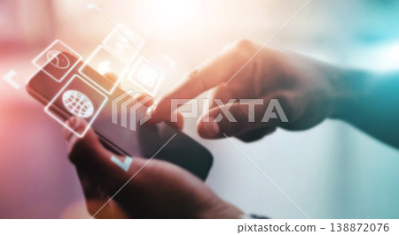 Business man, app icon and technology abstract with hologram, communication and 3D, chat and email with internet. Digital overlay, smartphone in hands and scroll, futuristic with connection and wifi Business man, app icon and technology abstract with hologram, communication and 3D, chat and email with internet. Digital overlay, smartphone in hands and scroll, futuristic with connection and wifi 138872076