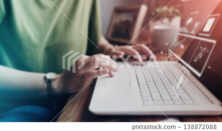 Programmer, hands or laptop hologram abstract in networking cybersecurity, futuristic cloud or web 3.0 research. Zoom, woman or 3d it technology of dashboard software, digital transformation or gdpr 138872088