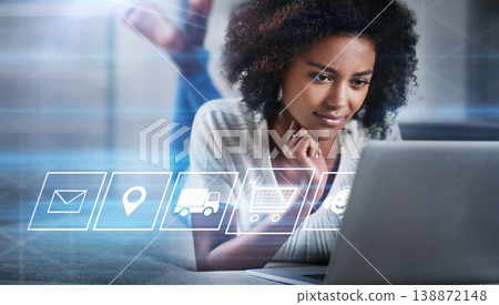Woman, laptop and digital transformation on bed for ecommerce, networking or transportation icons. Female online shopping on computer in futuristic big data, innovation or IoT and market app at home 138872148