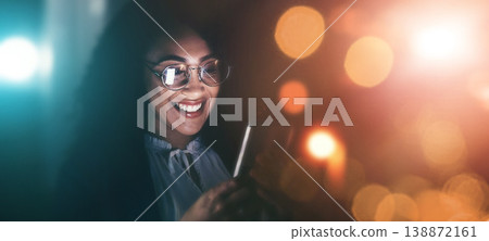 Businesswoman, phone and smile in communication at night for texting, chatting or networking on dark background. Happy female employee holding smartphone working late for online planning strategy Businesswoman, phone and smile in communication at night for texting, chatting or networking on dark background. Happy female employee holding smartphone working late for online planning strategy 138872161