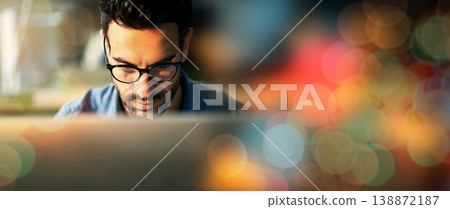 Computer, working and man with digital overlay or bokeh for information technology, software development and coding. Geek, person or worker on desktop pc for code, developer strategy and programming Computer, working and man with digital overlay or bokeh for information technology, software development and coding. Geek, person or worker on desktop pc for code, developer strategy and programming 138872187