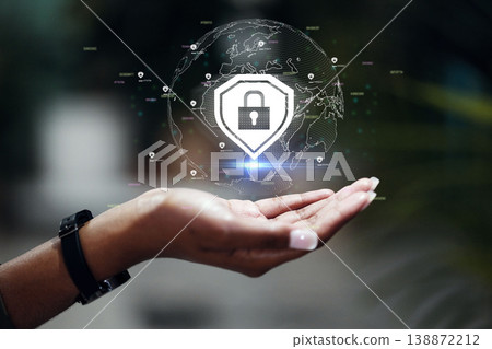 Hologram, hand and person with cyber security, lock and data protection with internet connection, futuristic and gdpr. Closeup, human and holographic with technology, global and symbol with software Hologram, hand and person with cyber security, lock and data protection with internet connection, futuristic and gdpr. Closeup, human and holographic with technology, global and symbol with software 138872212
