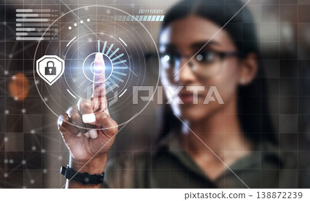 Woman, fingerprint scan and biometrics for futuristic cyber security on hologram or dashboard hud at office. Hand of female person in recognition for digital access, identification or verification 138872239