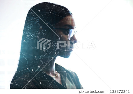 Tech, cybersecurity or facial recognition of a woman user with biometric identification for network access. Face scan id, virtual reality or hologram of an indian person with futuristic communication 138872241