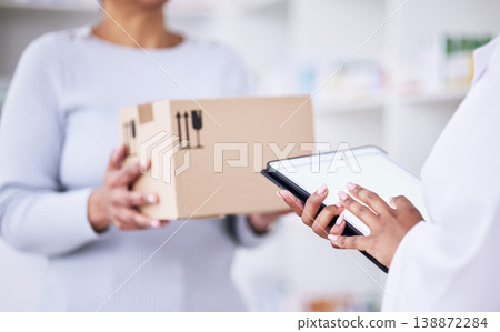 Woman, pharmacist and tablet with box for delivery order, supply chain or logistics at pharmacy. Hands of female person, medical or healthcare professional on technology for pharmaceutical checklist 138872284