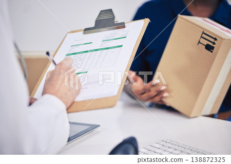 Doctor, delivery and hand with box at pharmacy for signing document with medication or logistics. Healthcare, worker and receive pharmaceutical stock with courier package with service person. 138872325