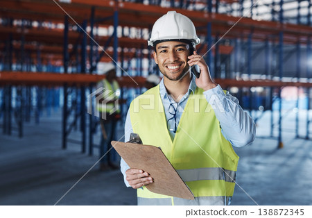 Man, phone call and portrait in warehouse for logistics, storage site and contact with safety inspection. Person, communication and tech with clipboard, helmet and shipping at distribution plant 138872345