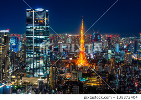 A view of Tokyo Tower, Azabudai Hills, and the glittering nightscape of the metropolis from Roppongi Hills in Minato Ward, Tokyo. 138872404