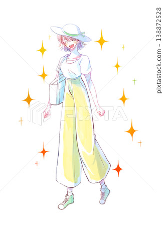A woman going out, smiling, summer, pants, sparkling. A woman going out, smiling, summer, pants, sparkling. 138872528