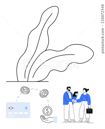 Digital transactions, financial management, teamwork, e-commerce, cashless payments, business communication. Business professionals exchanging documents and a digital payment workflow. Digital Digital transactions, financial management, teamwork, e-commerce, cashless payments, business communication. Business professionals exchanging documents and a digital payment workflow. Digital 138872548
