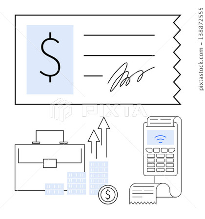 Financial planning, payment systems, business development, investment returns, digital payments, accounting. A check, payment terminal money stack with rising graph and icons. Financial planning Financial planning, payment systems, business development, investment returns, digital payments, accounting. A check, payment terminal money stack with rising graph and icons. Financial planning 138872555