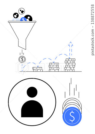 Digital marketing, sales strategy, customer acquisition, revenue growth, financial analysis, business development. Conversion funnel with user icon, coins and growth. Marketing and sales strategy 138872558