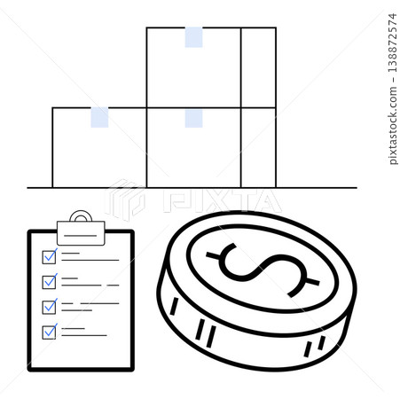 Supply chain, organization, inventory, e-commerce, financial planning, delivery management. Boxes, clipboard with checklist and coin with dollar sign. Logistics and inventory concepts 138872574