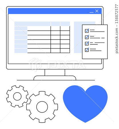 Business operations, project planning, workflow optimization, data management, productivity tools, teamwork. Computer screen with table, checklist gears and heart. Workflow optimization Business operations, project planning, workflow optimization, data management, productivity tools, teamwork. Computer screen with table, checklist gears and heart. Workflow optimization 138872577