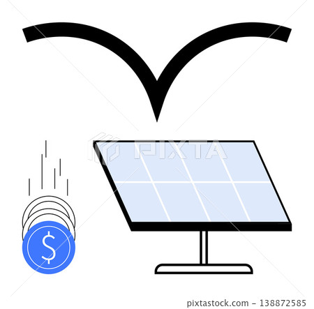 Sustainability, green energy, renewable resources, cost savings, financial growth, clean power. is a solar panel with falling coins and a dynamic graphic. Green energy and cost savings theme 138872585