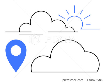 Weather forecast, navigation tools, climate data, travel planning, location services, atmospheric conditions. Outline of clouds, a sunrise sun and a location pin icon. Weather forecast 138872586