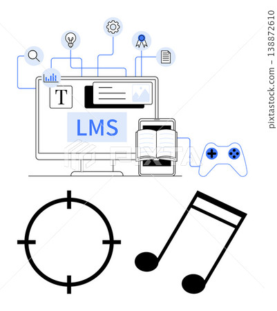 Education technology, online study, e-learning tools, interactive content, digital resources, gamification. Computer screen with LMS text, connected icons thumbs up game controller and book 138872610