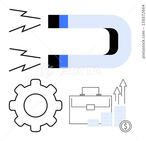 Business success, financial growth, strategy planning, investment goals, ROI, customer attraction. Magnet with gear, briefcase and growth graph symbols. Business success and financial growth concept Business success, financial growth, strategy planning, investment goals, ROI, customer attraction. Magnet with gear, briefcase and growth graph symbols. Business success and financial growth concept 138872664