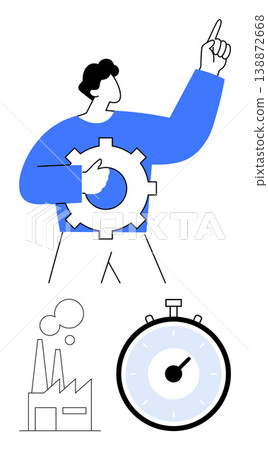 Productivity, efficiency, manufacturing, workflow management, time optimization, industrial processes. Person holding a gear, stopwatch and factory elements. Productivity and efficiency concept Productivity, efficiency, manufacturing, workflow management, time optimization, industrial processes. Person holding a gear, stopwatch and factory elements. Productivity and efficiency concept 138872668