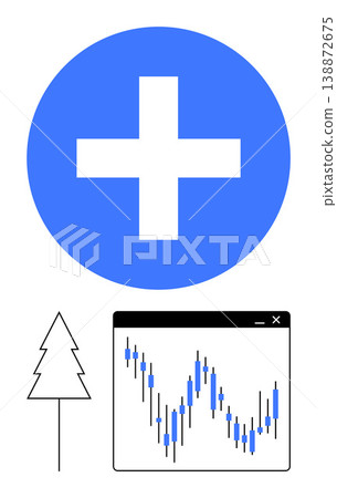 Healthcare, finance, sustainability, data visualization, analytics, modern business concepts. Blue cross icon, stock market chart tree outline. Healthcare and finance concept integration Healthcare, finance, sustainability, data visualization, analytics, modern business concepts. Blue cross icon, stock market chart tree outline. Healthcare and finance concept integration 138872675