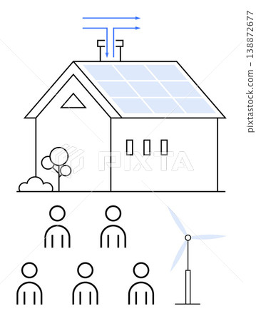 Sustainable living, renewable energy, community power, solar technology, wind energy, eco-friendly design. A house with solar panels, wind turbine and people icons. Renewable energy and community 138872677