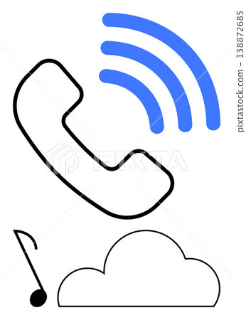Telecommunications, technology, cloud storage, streaming services, voice messages, audio. A phone receiver, blue signal waves a cloud and a musical note. Telecommunications and cloud storage Telecommunications, technology, cloud storage, streaming services, voice messages, audio. A phone receiver, blue signal waves a cloud and a musical note. Telecommunications and cloud storage 138872685