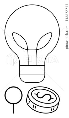 Innovation, financial planning, energy solutions, entrepreneurship, economic growth, creative ideas. Light bulb, coin with dollar sign and circular marker line art. Innovation and financial planning Innovation, financial planning, energy solutions, entrepreneurship, economic growth, creative ideas. Light bulb, coin with dollar sign and circular marker line art. Innovation and financial planning 138872711