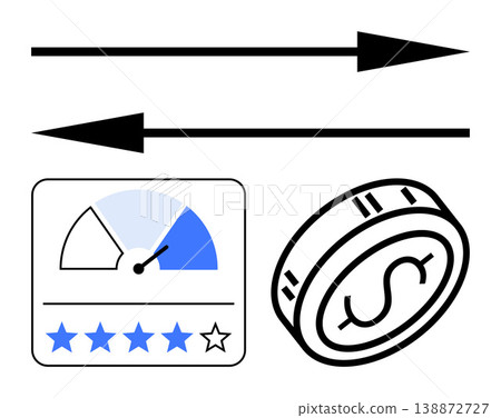 Financial analysis, business strategy, customer rating, investment, monetary exchange, decision making. Arrows, coin symbol and review dashboard. Financial analysis and business strategy concepts Financial analysis, business strategy, customer rating, investment, monetary exchange, decision making. Arrows, coin symbol and review dashboard. Financial analysis and business strategy concepts 138872727