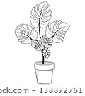 monstera leaf outline, flat vector illustration isolated on white background, black and white plant 138872761