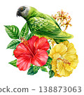amazon parrot watercolor clipart with red and yellow hibiscus blooms isolated on light background for tropical design 138873063