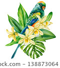 rainbow lorikeet watercolor clipart with yellow orchids and monstera leaves isolated for tropical garden design 138873064