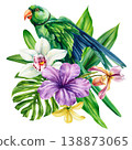 green parakeet watercolor clipart with orchid flowers and tropical leaves isolated on light background for exotic botanical decor 138873065
