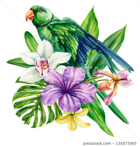 green parakeet watercolor clipart with orchid flowers and tropical leaves isolated on light background for exotic botanical decor green parakeet watercolor clipart with orchid flowers and tropical leaves isolated on light background for exotic botanical decor 138873065