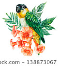 side view tropical parrot watercolor clipart with coral trumpet flowers and emerald leaves isolated for botanical design 138873067