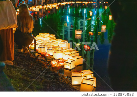 Paper lanterns and lotus candles on water surface, night festival, glow reflections, cultural celebration atmosphere. Water lantern festival with light ritual, spiritual symbolism, night ceremony Paper lanterns and lotus candles on water surface, night festival, glow reflections, cultural celebration atmosphere. Water lantern festival with light ritual, spiritual symbolism, night ceremony 138873088