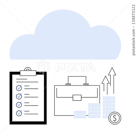 Business productivity, financial planning, data storage, cloud computing, investment growth, corporate workflow. A cloud, checklist briefcase money stacks and upward arrows. Business productivity Business productivity, financial planning, data storage, cloud computing, investment growth, corporate workflow. A cloud, checklist briefcase money stacks and upward arrows. Business productivity 138873122