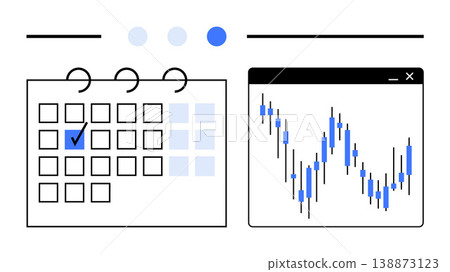 Time management, investment planning, data analysis, financial growth, productivity, trading. Calendar with marked date and candlestick chart. Time management and investment planning concepts Time management, investment planning, data analysis, financial growth, productivity, trading. Calendar with marked date and candlestick chart. Time management and investment planning concepts 138873123