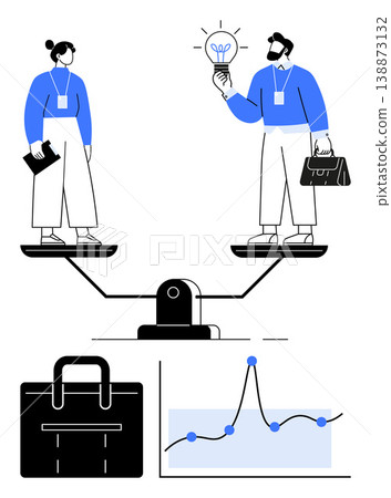 Business strategy, equality, career choices, decision making, financial growth, teamwork. A man and woman balancing on scales with business symbols. Business strategy and equality concept Business strategy, equality, career choices, decision making, financial growth, teamwork. A man and woman balancing on scales with business symbols. Business strategy and equality concept 138873132