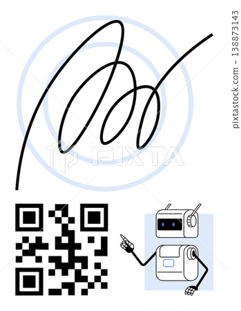 Authentication, technology, identity verification, modern communication, robotics, automation. A digital signature, QR code and a small robot. Authentication and technology concept 138873143