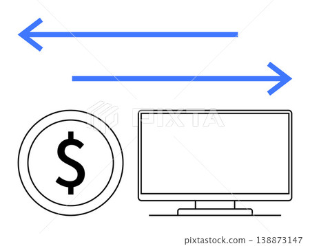 Financial systems, e-commerce, payment platforms, online banking, digital services, money transfer. Blue arrows, coin symbol and monitor illustration. Financial systems and e-commerce concept 138873147