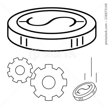 Business processes, financial systems, automation, innovation, economy, workflow. Black and white coin and gear symbols. Business processes and financial systems visualization Business processes, financial systems, automation, innovation, economy, workflow. Black and white coin and gear symbols. Business processes and financial systems visualization 138873149