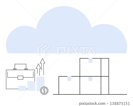 Cloud computing, business solutions, logistics, data storage, e-commerce, financial growth. Large cloud with a briefcase, boxes and arrows rising above graphs. Cloud computing and business solutions Cloud computing, business solutions, logistics, data storage, e-commerce, financial growth. Large cloud with a briefcase, boxes and arrows rising above graphs. Cloud computing and business solutions 138873151