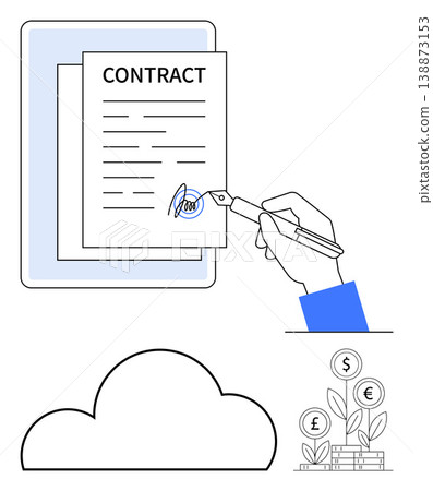 Business agreements, digital storage, growth investment, legal services, data security, and online services. Pen signing a contract, cloud icon and financial growth symbol. Business agreements Business agreements, digital storage, growth investment, legal services, data security, and online services. Pen signing a contract, cloud icon and financial growth symbol. Business agreements 138873153