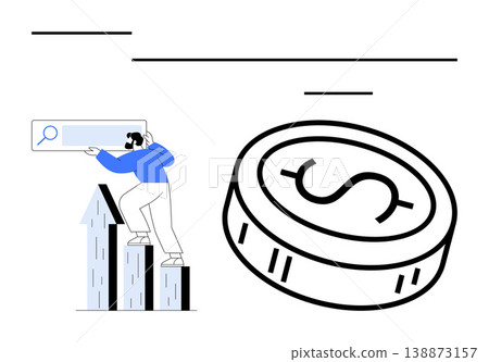 Business growth, financial development, data analytics, market trends, investment strategy, online search. Person on bar chart with magnifying glass next to a dollar coin. Business growth 138873157