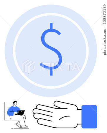 Finance, technology, digital transactions, e-banking, economic security, online business. Large dollar sign, hand gesture person with a laptop. Finance and technology highlighted Finance, technology, digital transactions, e-banking, economic security, online business. Large dollar sign, hand gesture person with a laptop. Finance and technology highlighted 138873159