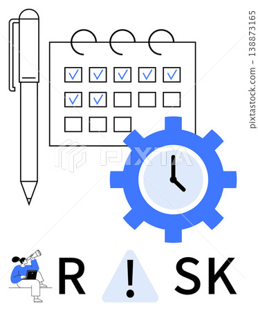 Risk assessment, time management, business strategy, productivity, decision-making, corporate planning. Pen, calendar with checkmarks gear clock and risk text with icons. Risk assessment and time 138873165