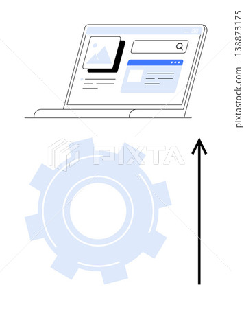 Workflow efficiency, productivity, technology tools, innovation, business processes, online systems. A laptop with a web interface and a gear icon with an upward arrow. Workflow efficiency Workflow efficiency, productivity, technology tools, innovation, business processes, online systems. A laptop with a web interface and a gear icon with an upward arrow. Workflow efficiency 138873175
